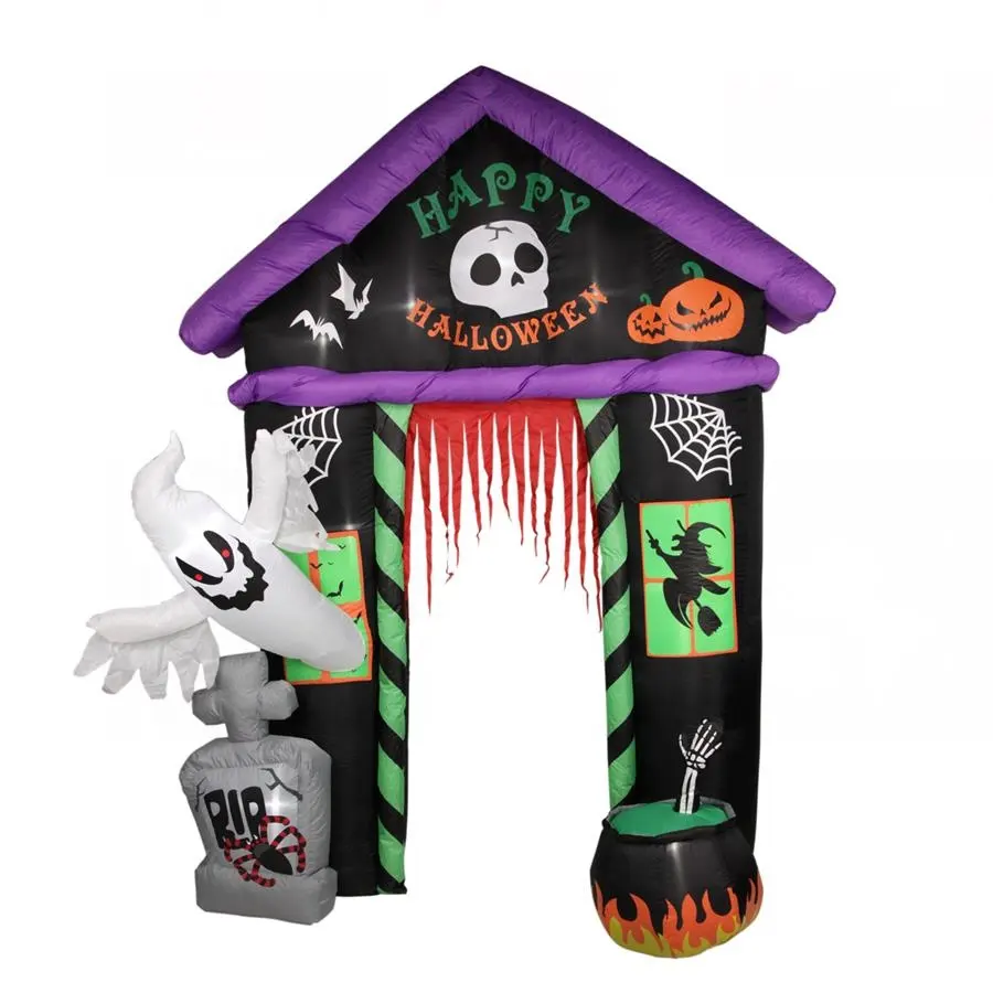 Arco de puerta inflable para decoración de Halloween, 9 pies, con tazón fantasma, lápida LED, fiesta de Halloween, casa embrujada, utillaje de jardín
