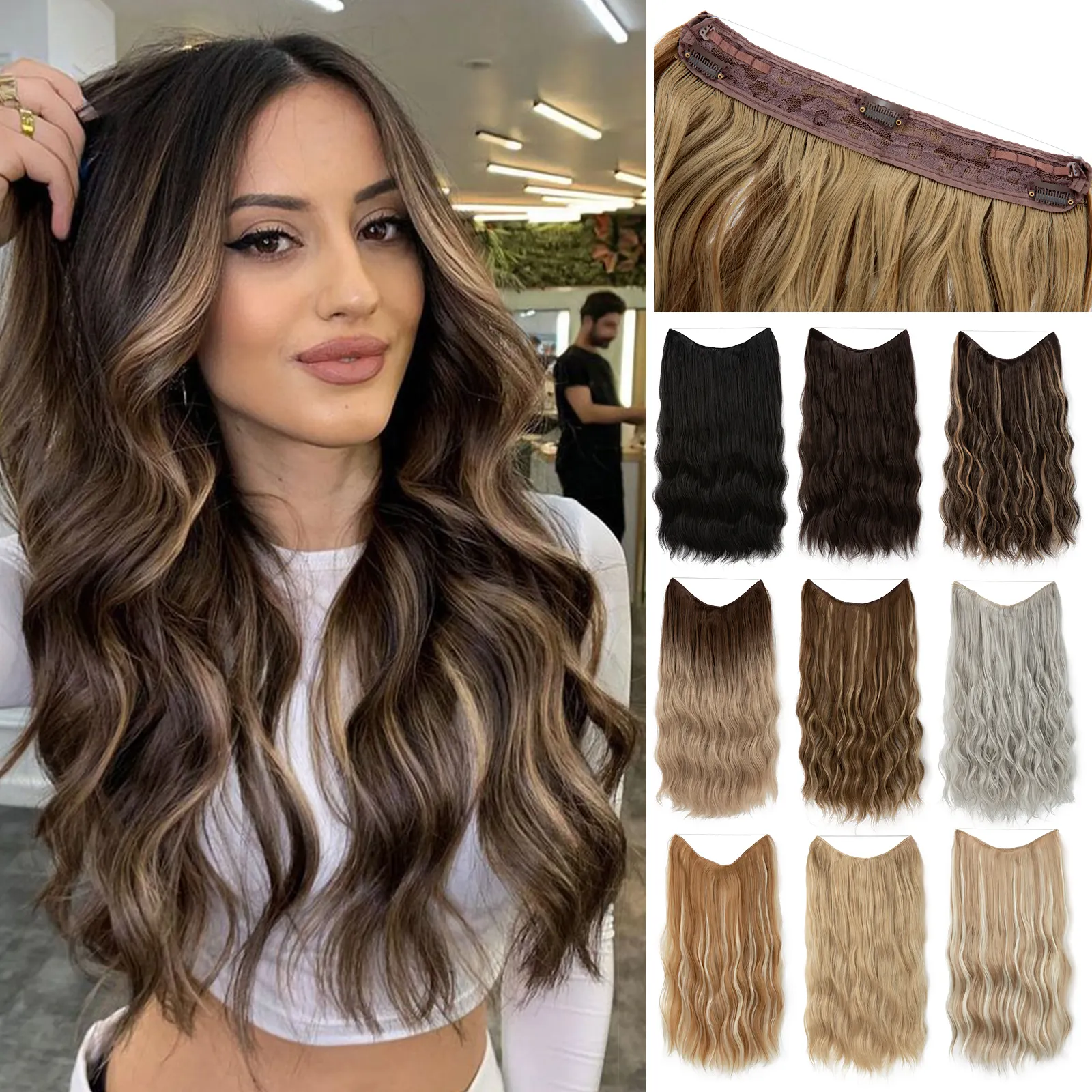 SARLA Long Wavy Wire Synthetic Heat Resistant Hair Extension Products Invisible Wire Seamless Fish Line Curly Hair Extension