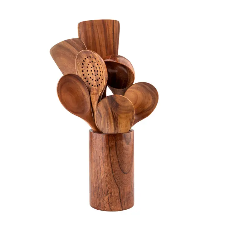 Juego de utensilios de madera para cocina, paquete de 8 utensilios de madera de teca para cocinar