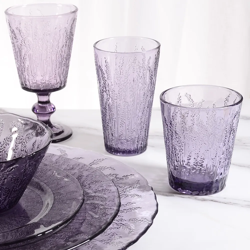 Kacamata anggur Retro yang ditekan untuk pernikahan Samlife gelas berkaki timbul kaca antik berwarna ungu