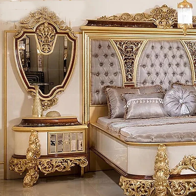 Empire Klassieke Stijl Luxe Kingsize Massief Houten Bedframe Goud Verguld Houtsnijwerk Europees Bed Met Garderobe