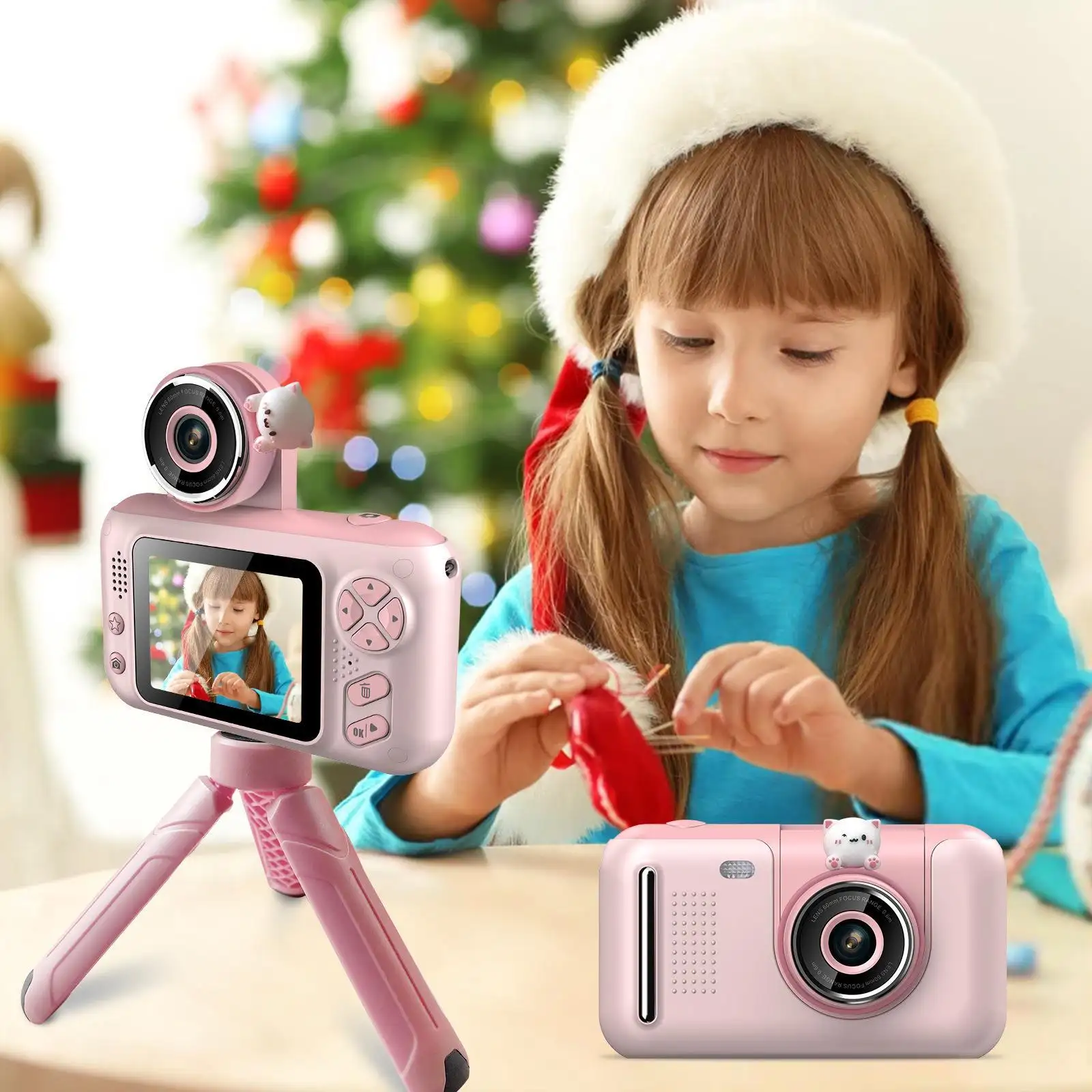 새로운 어린이 디지털 카메라 2.4 인치 IPS HD 화면 180 도 전면 후면 플립 카메라 생일 선물 삼각대 회전 카메라
