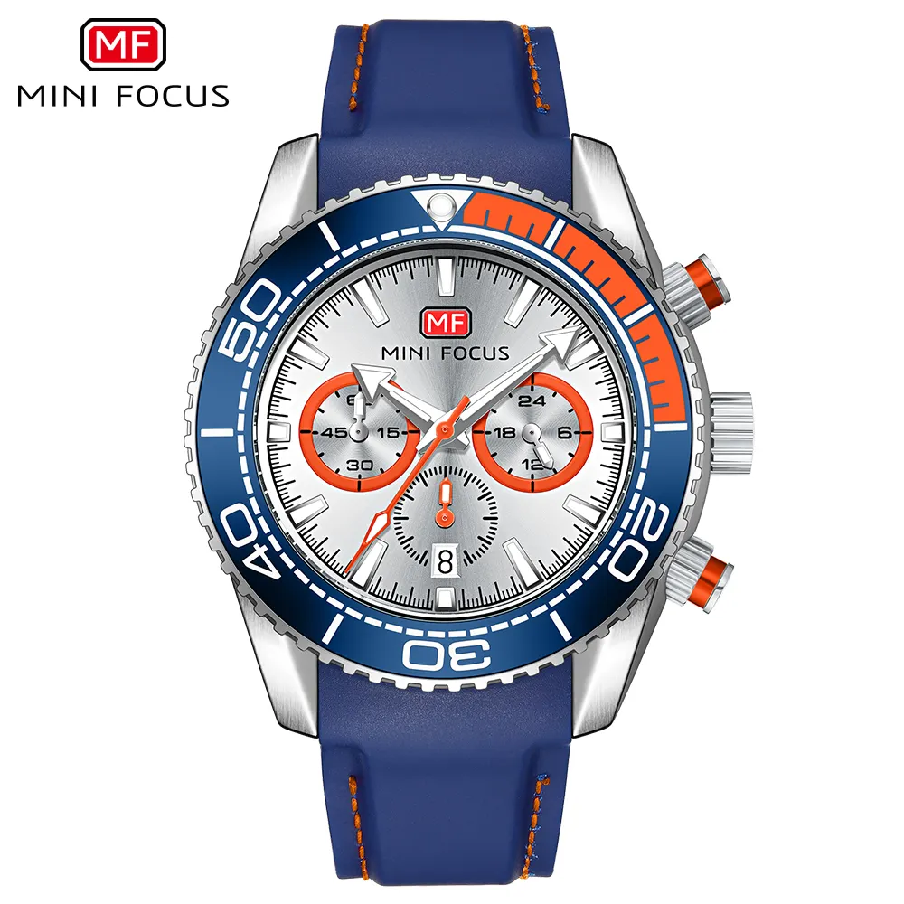 Reloj deportivo MINI FOCUS azul para hombre, cronógrafo multifunción Chic, con subesferas, calendario, urbano, de lujo, correa de silicona, manecillas luminosas