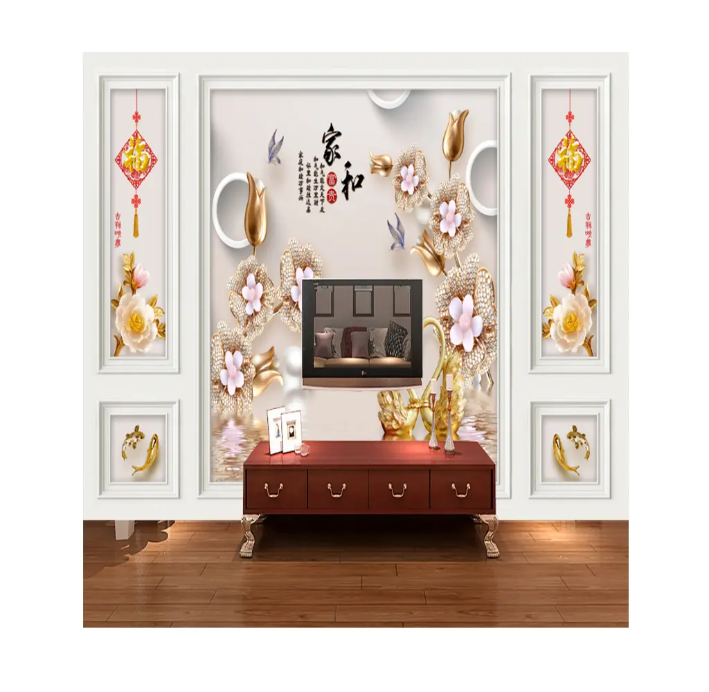लक्जरी कस्टम पीवीसी वॉलपेपर घर की सजावट के लिए गिल्ट फूल डिजाइन चीनी शैली स्वयं चिपकने वाला वॉलपेपर