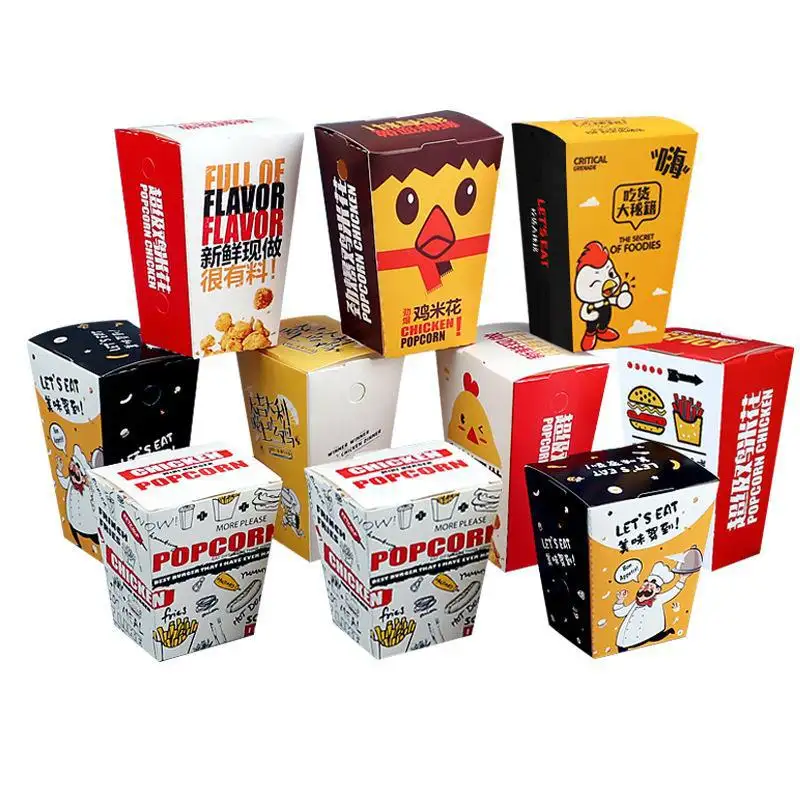 Коробка для попкорна с принтом на заказ, гофрированная черная картонная бумага, шаурма, жареная курица, картофель фри, упаковочная коробка