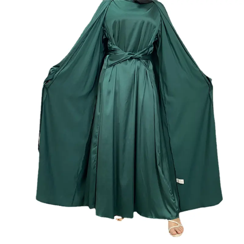 9167 3 Pieces Matching Muslim Sets Satin Abayas for Women Dubai Hijab Dress Open Abaya Kimono with Wrap Front Skirt