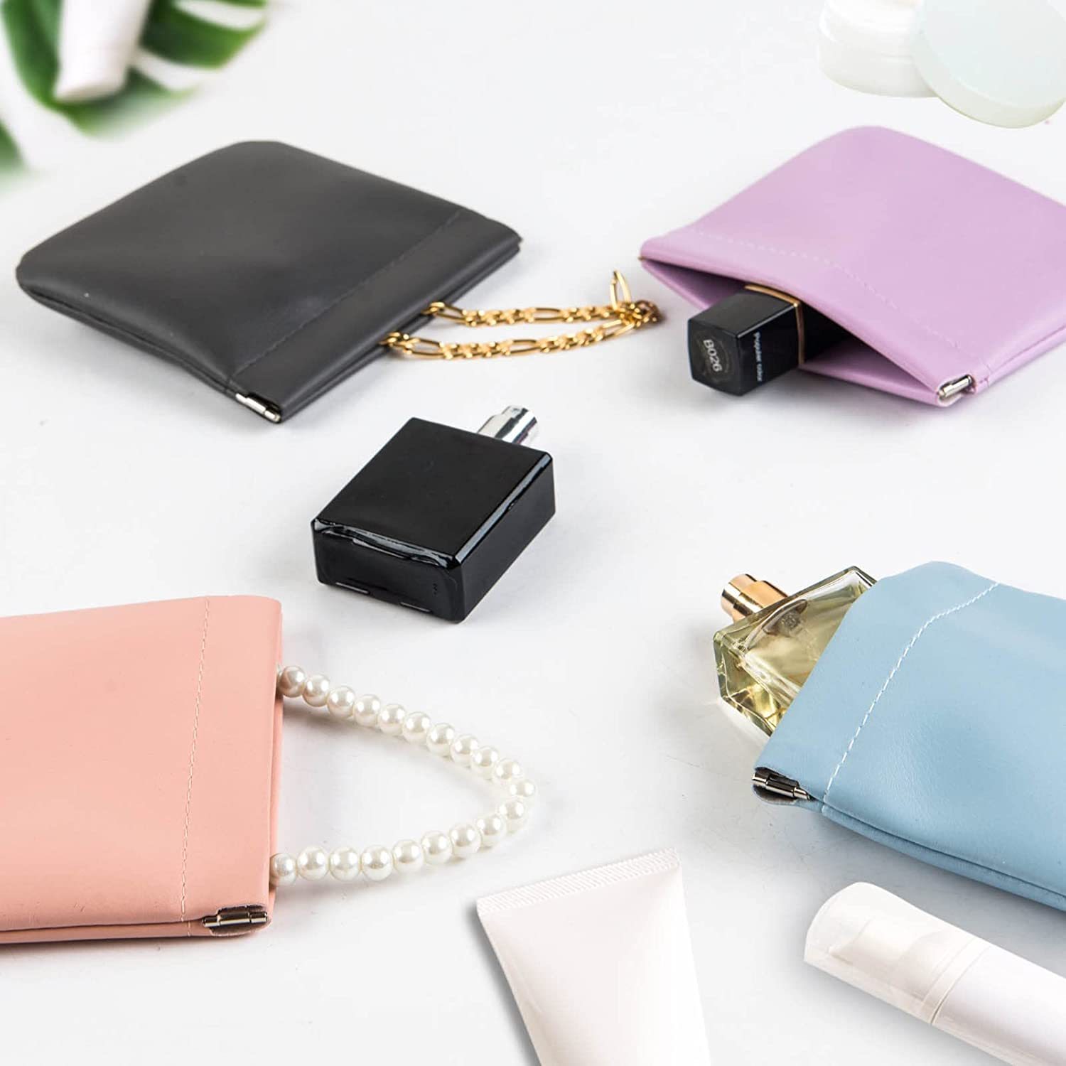 portable storage bags with snap spring automatic close pu leather waterproof mini cosmetic bag custom logo