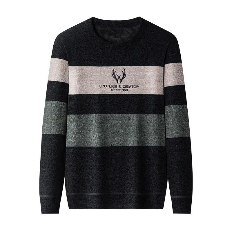 Men's warm-stripe matching color undershirt winter cashmere thickening middle-aged men's wear