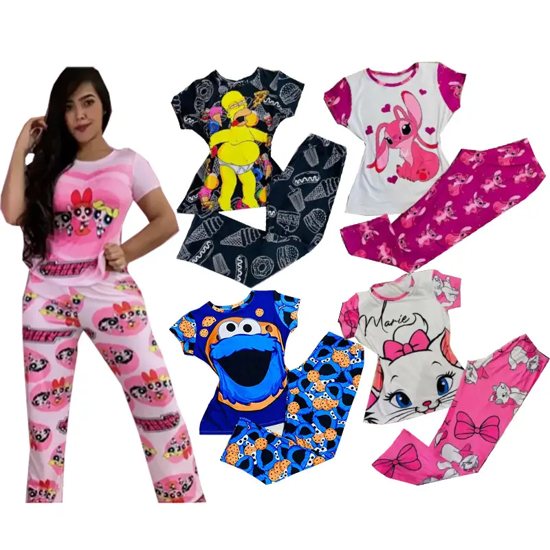 Frauen Hochwertige weibliche Cartoon Nachtwäsche Zweiteiler Kurzarm Top und Hose Sets Pink Satin Pyjamas Set