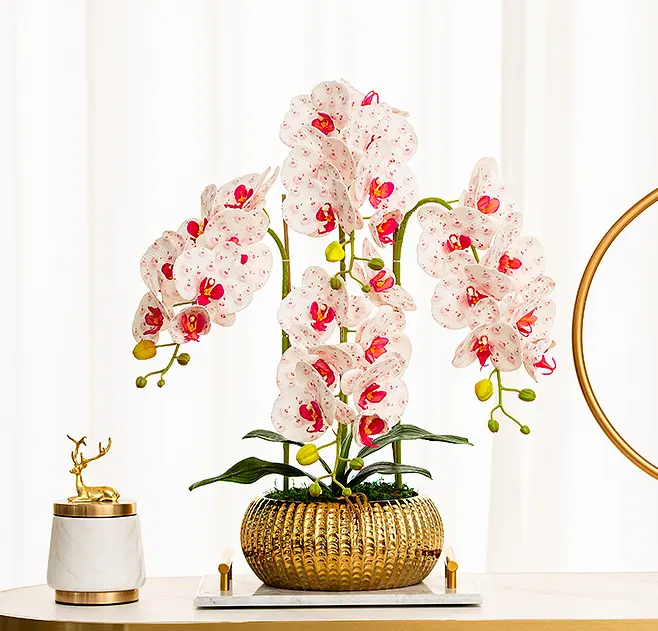 Flores y plantas decorativas para boda, maceta dorada, orquídeas artificiales blancas