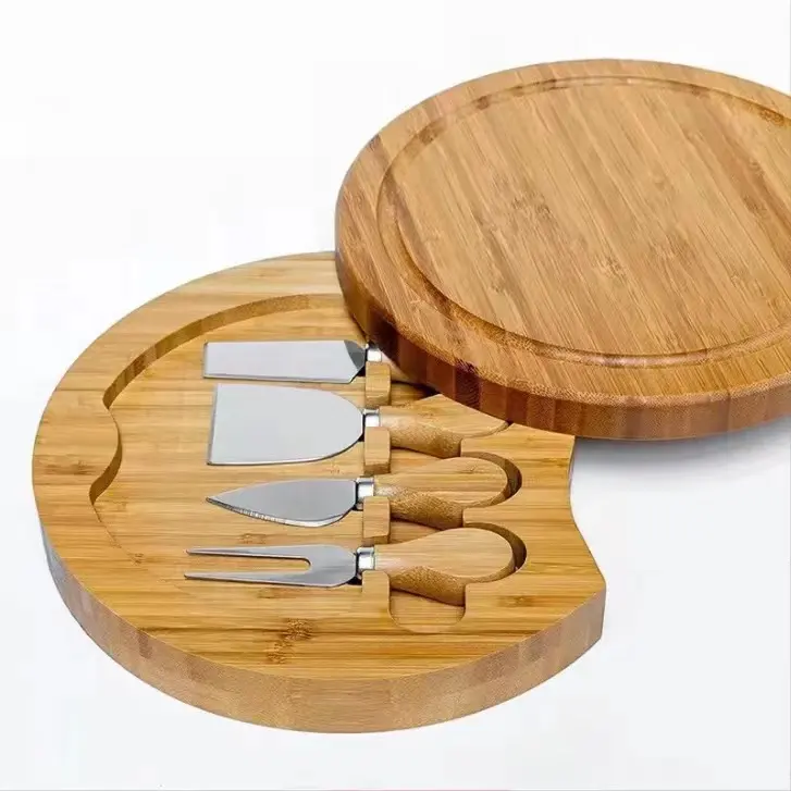 Placa de corte giratória charcuterie, conjunto de faca de placa de queijo de bambu