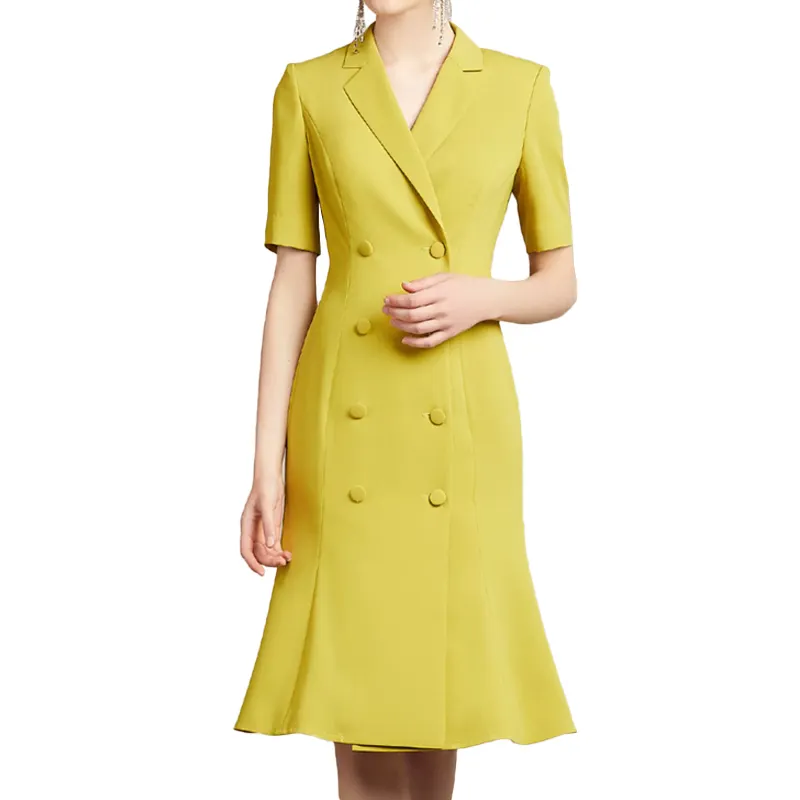 High-end fashion mustard yellow mid-sleeve dress European and American women's slim-fit temperament skirt