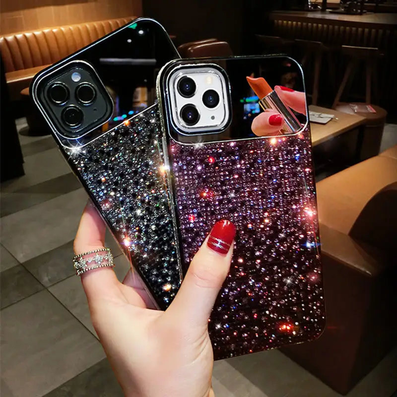 Ins Trendy Mirror Case For Iphone 12 X XR XS Max 8 7 6 Bling Gold Decoration Mobile Case With Make Up Diamond Mirror