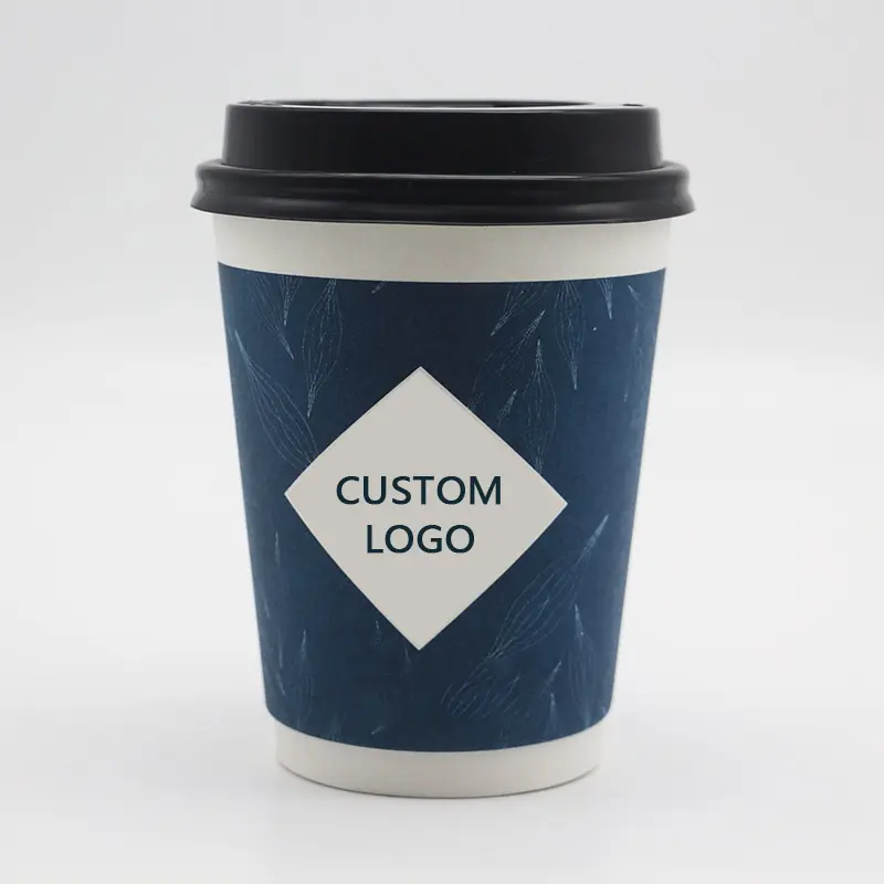 Copo de café preto estampado em folha de ouro personalizado, copo descartável de papel para viagem, parede dupla, com tampa