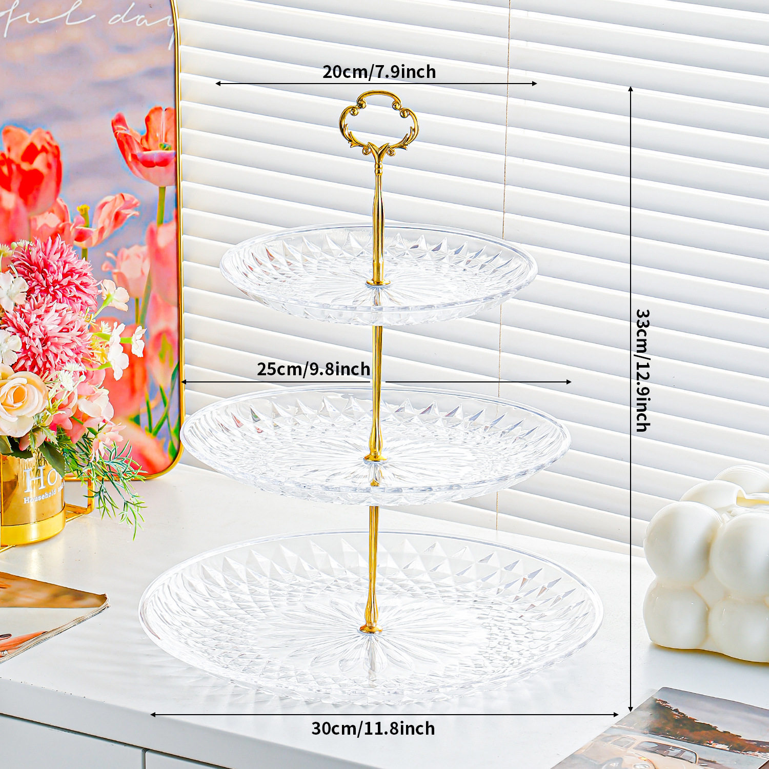 จานผลไม้ 3 ชั้น ทรงเพชรใส 20 x 25 x 30 ซม