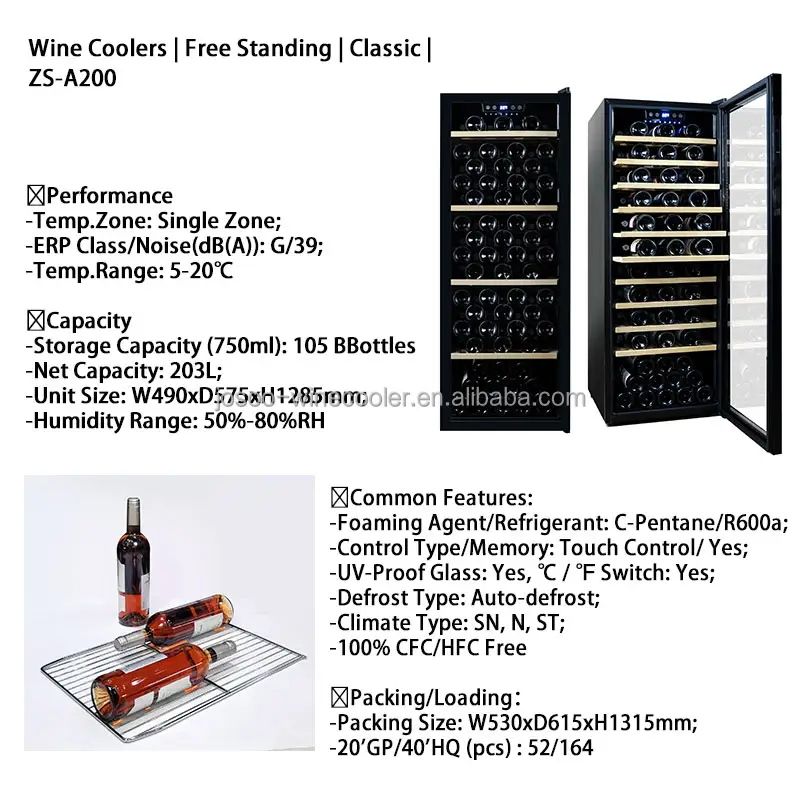 105 bottiglie cantina autoportante Cave Vin Single Zone Vertical Wine Coolerr con prezzo competitivo
