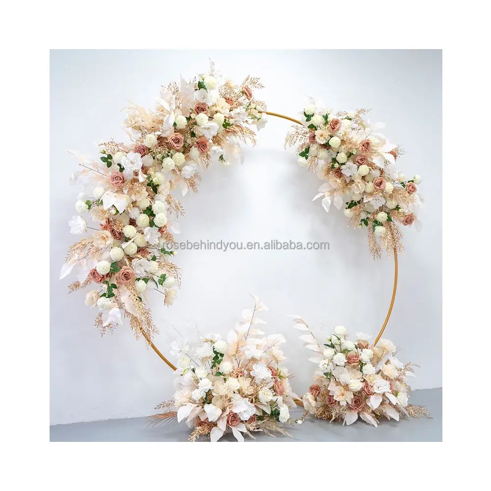 Matrimonio autunno tema oro e foglie bianche fiore di seta essiccato fiore Boho sfondo arco di nozze cerchio palloncino arco di fiori