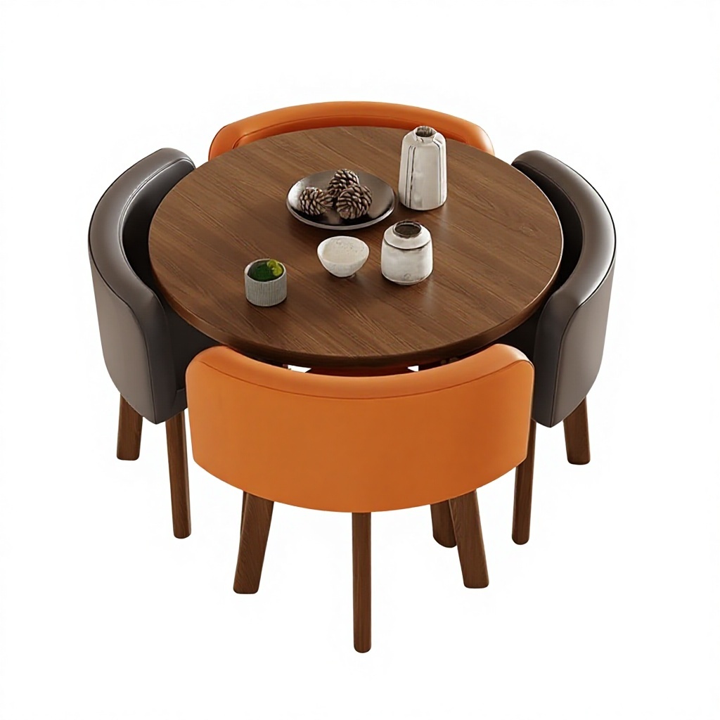 80cm walnut round table, 2 orange, 2 dark gray chairs