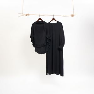 EIDラマダン無地<span class=keywords><strong>2</strong></span>ピースフリルエッジ<span class=keywords><strong>Khimar</strong></span>祈りアバヤセット卸売ジルバブイスラム教徒女性ドレス