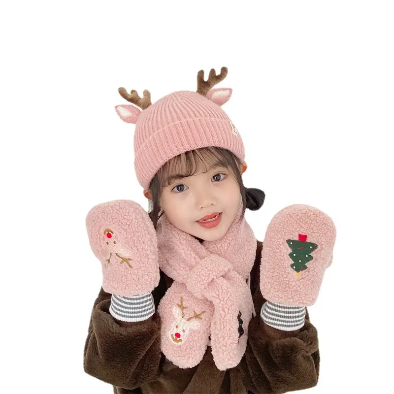 Set di guanti per sciarpa per cappello invernale per bambini Set di berretti di lana per corna di natale per ragazze Set di guanti in velluto caldo più spesso Set di 3 pezzi