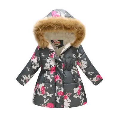 Mais recente design de fábrica direta floral longo inverno crianças casacos para meninas