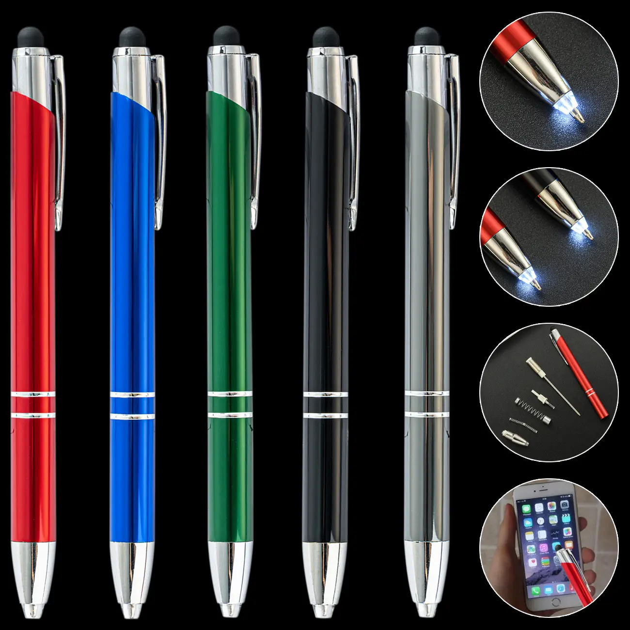 3-en-1 pointe lumineuse stylo multifonction presse LED éclairage stylos à bille en métal pour lire et écrire dans l'obscurité