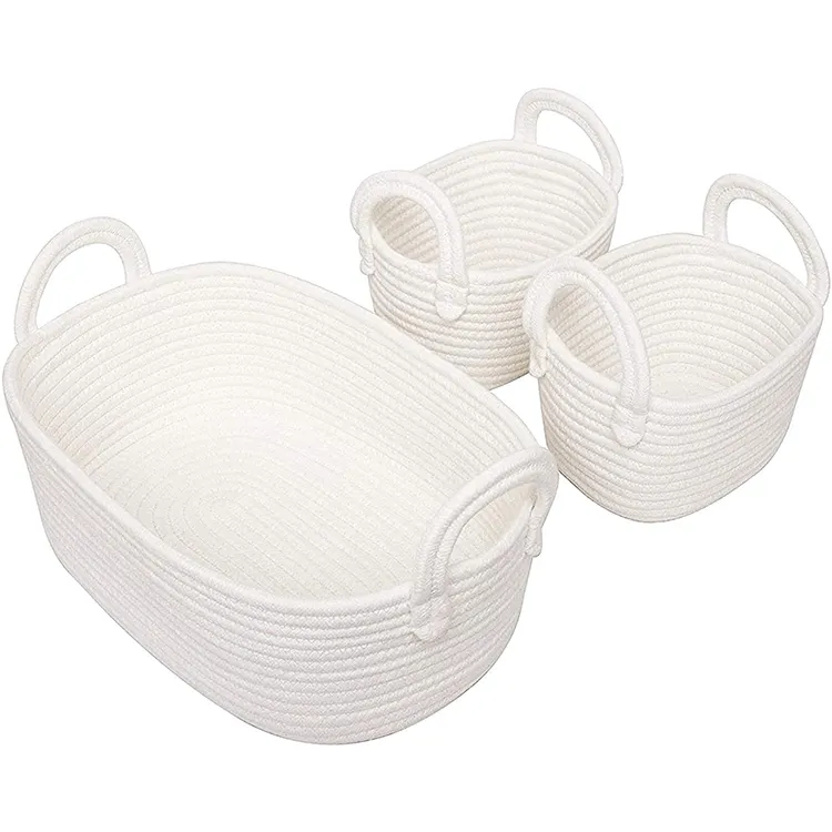 A set of three cotton rope storage baskets White oval factory wholesale storage basket with handle