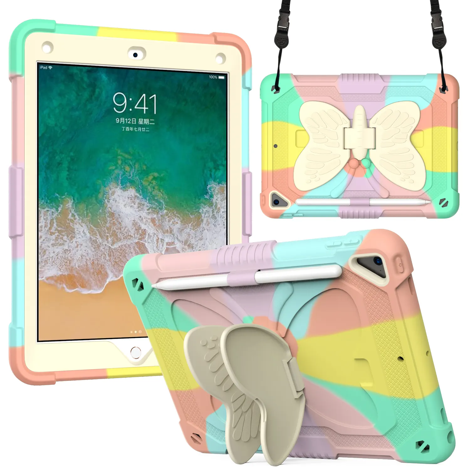 Custodia per Tablet Heavy Duty Cartoon Butterfly con custodia per Tablet a matita per iPad 9.7 pollici ipad6 Air2 iPad 2017 2018