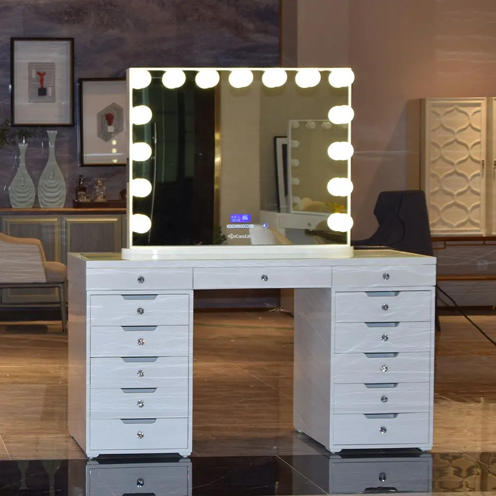 EUA Docarelife Móveis Americanos Armazém MDF De Vidro De Madeira Branco 13 Gaveta Dresser Maquiagem Vanity Table com Espelho Claro