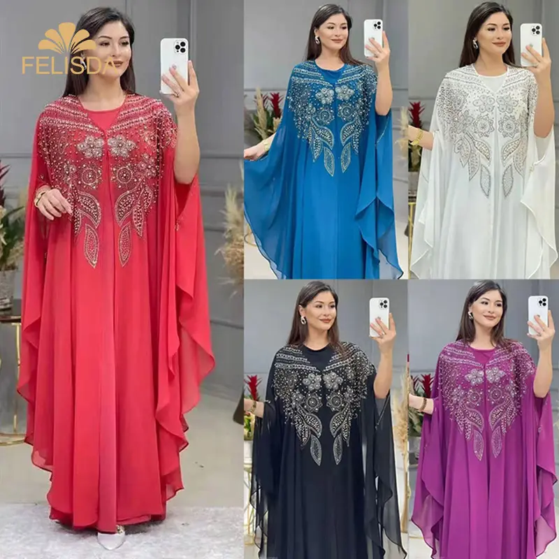 2 ชิ้นชุดดูไบหรูหราชีฟอง Boubou ชุดแฟชั่น Caftan Marocain งานแต่งงาน Femme Abaya ผู้หญิงมุสลิมเสื้อผ้าชุด