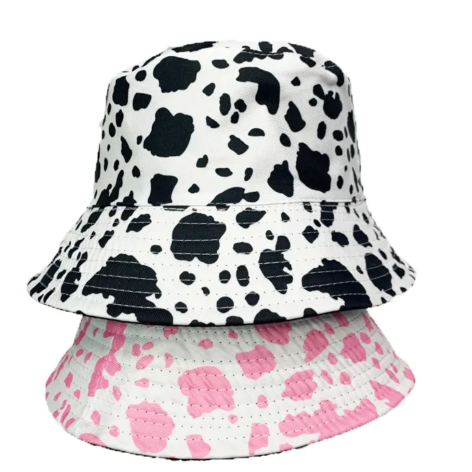 새로운 패션 우유 암소 패턴 어부 모자 인기있는 가역 사용자 정의 모든 인쇄 양동이 모자