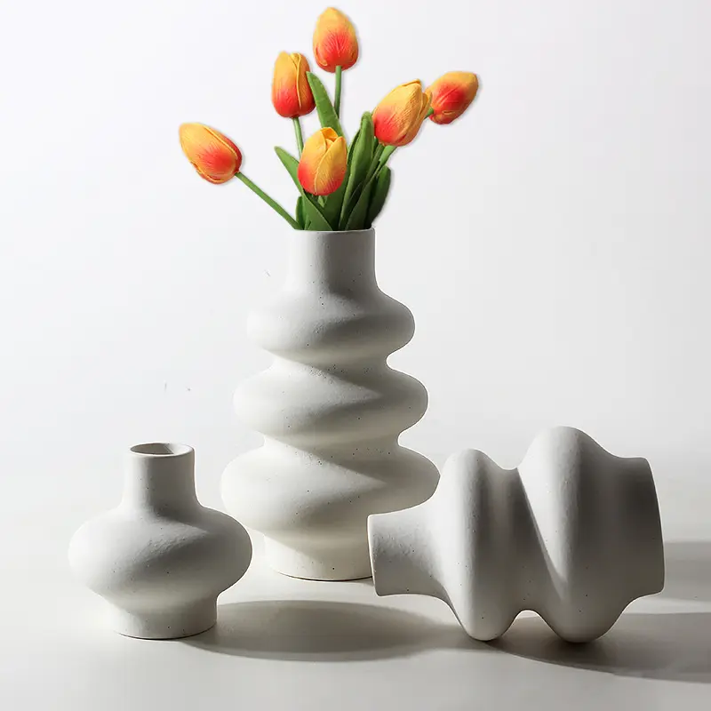 Juego de 3 piezas hecho a mano sin esmaltar nórdico blanco roto decoración minimalista Pampas jarrón de cerámica ondulado