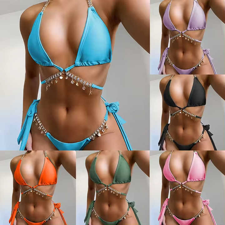 Setelan Thong String dua potong pakaian renang wanita perhiasan berlian Bikini untuk pakaian Pantai Layanan OEM Bikini