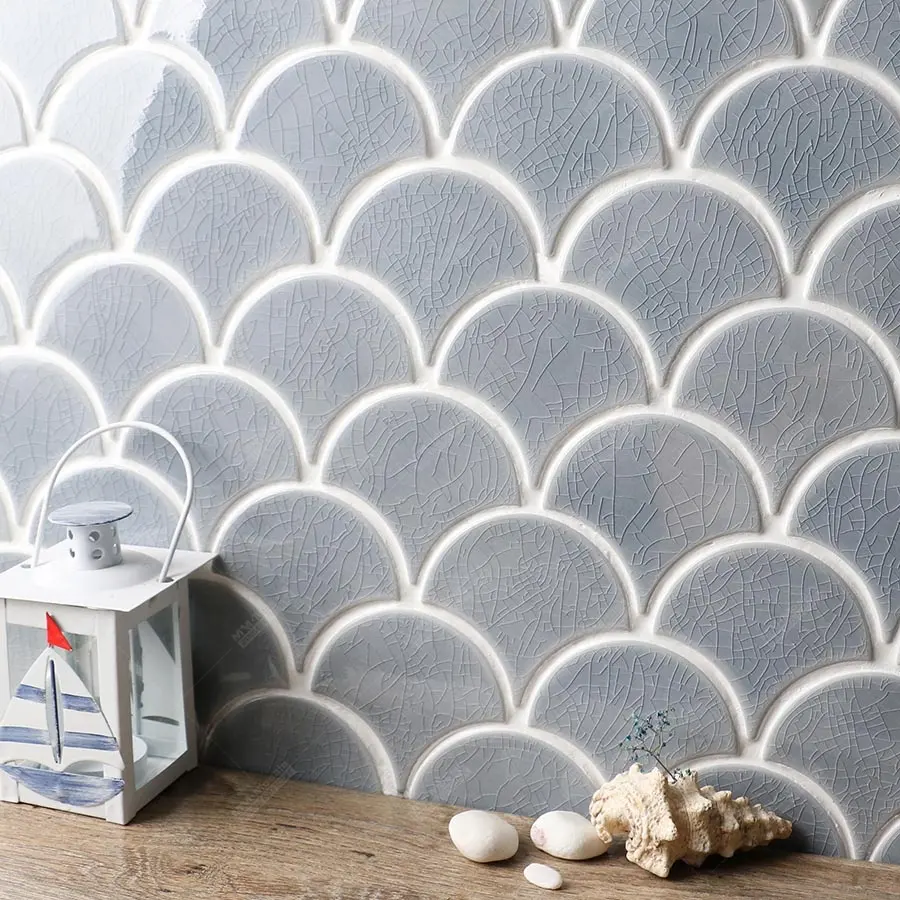 Interior design kitchen decor gray simple crackle mosaic fish scale tile ceramic for sale