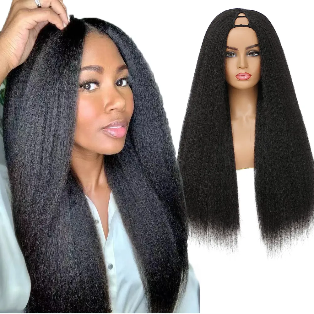 Afro Grossier Yaki Kinky Straight Perruque Cheveux Humains V U part Perruques Pour Femmes Noires Indien Remy Cheveux Kinky Straight Perruques