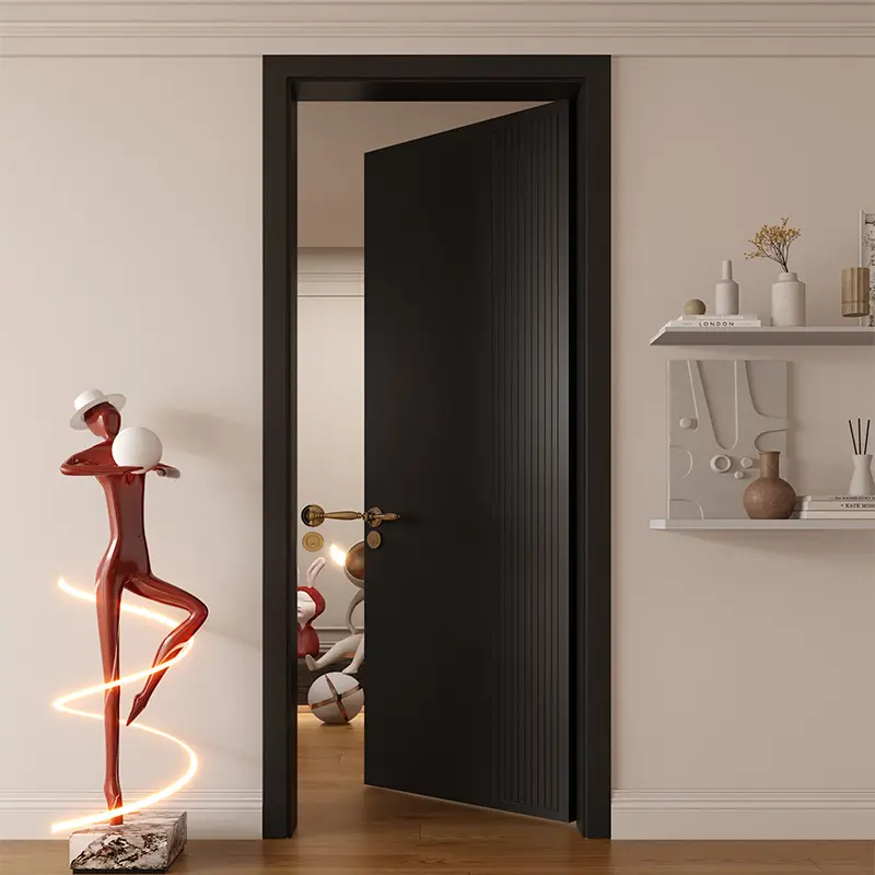 Puerta de dormitorio de apertura plana con Pintura ecológica negra de roble interior simple francés de madera maciza personalizada