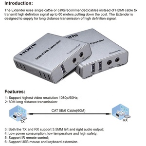 Extensor de vídeo Xput de alta calidad 60 M HDMI USB2.0 sobre Cat 5E Cat 6 HDMI 60 M KVM Extender 1080P 3D 60 metros con KVM USB - Product Image 2