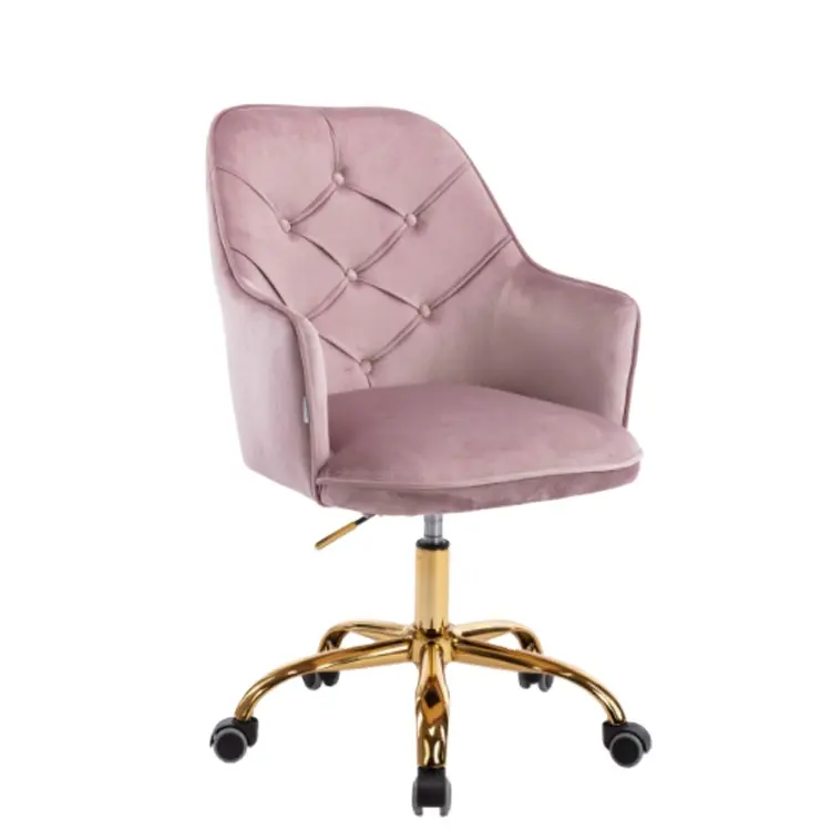 Silla giratoria de terciopelo rosa para manicura, silla moderna de salón de manicura con patas doradas