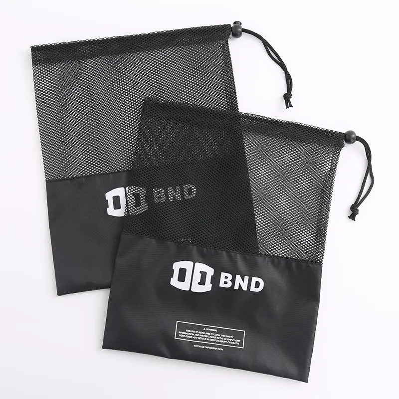Alta calidad premium eco regalo promocional deporte negro personalizado Logotipo de malla de nylon bolsa de cordón