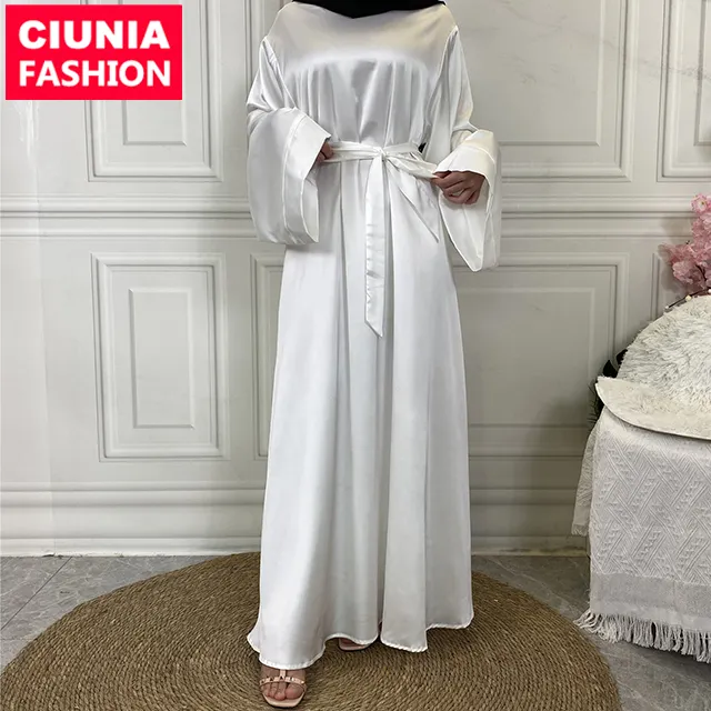Abaya en Satin doux pour femmes, à manches évasées, robe blanche fluide, Simple et élégante, doublure complète, 6622 #
