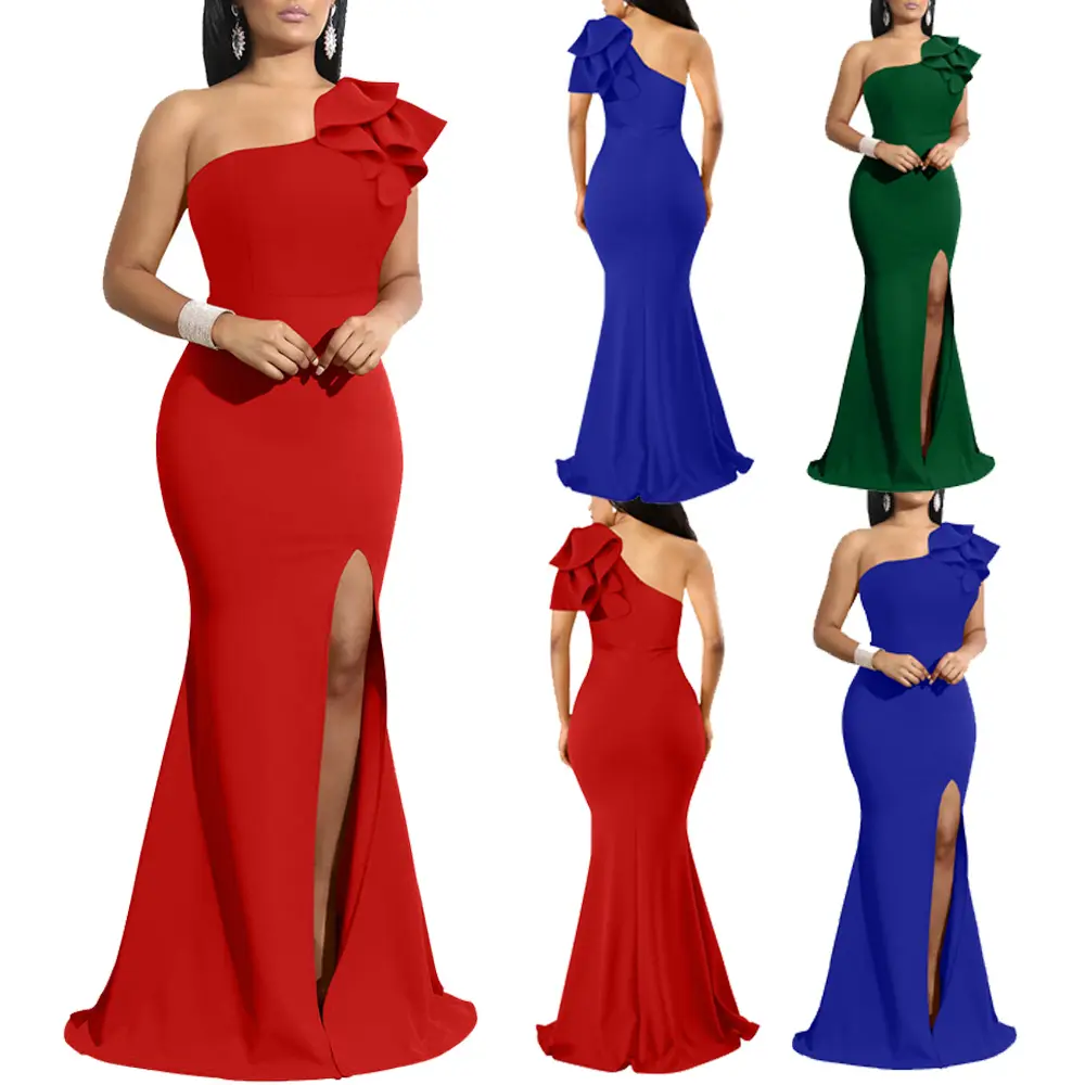 Latest design slit elegant dress one shoulder bodycon ruffles gowns chic evening dress