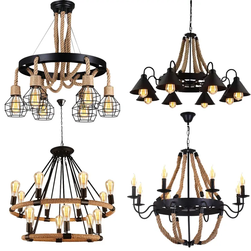 Retro style wooden chandeliers well shaped eight hemp rope E27 light source LED log to do old decorative home lighting