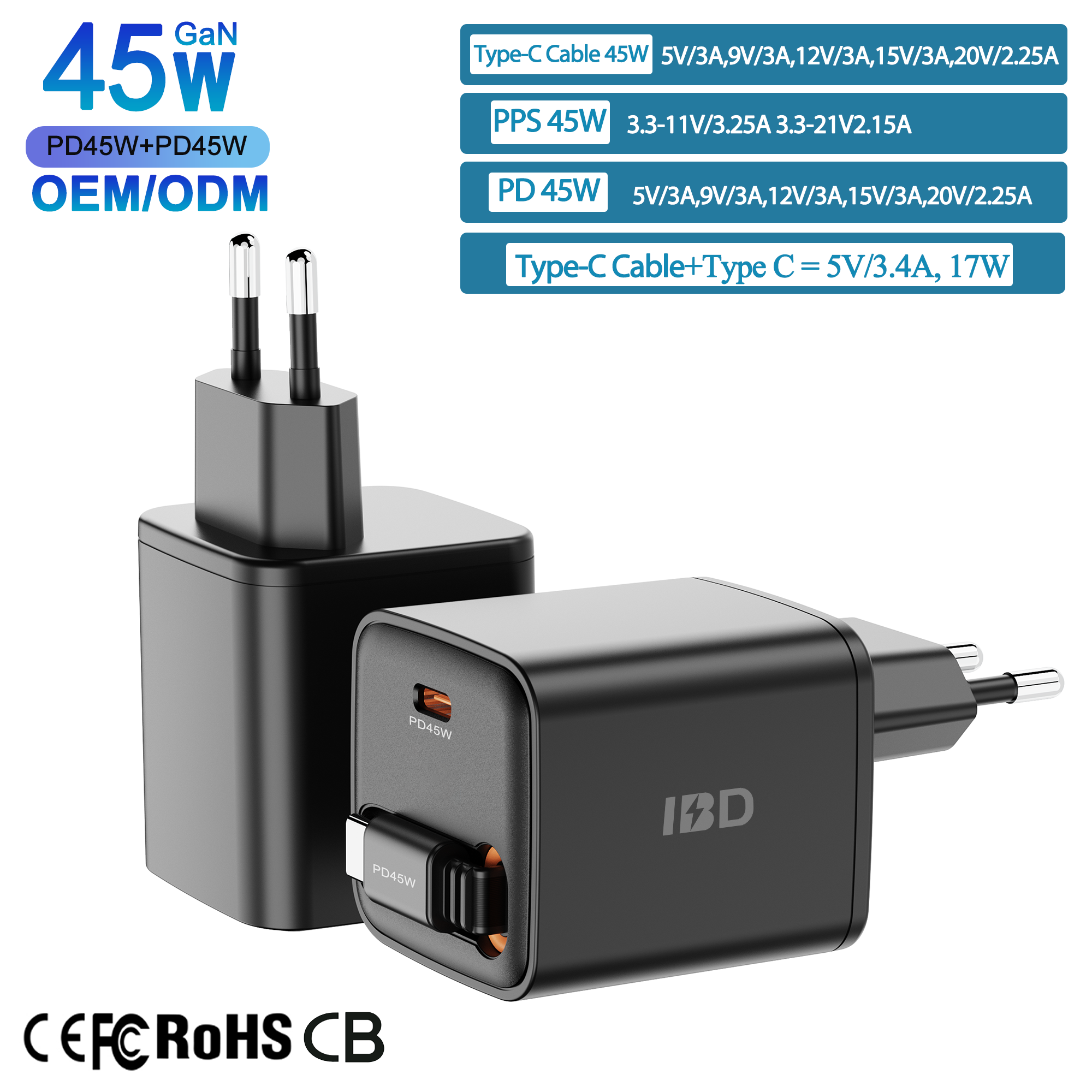 Black 2C 45W EU Plug Fast Retractable Charger