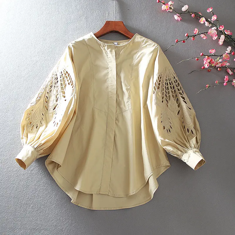 Blusa holgada de manga larga para primavera y otoño, camisa holgada con bordado calado para mujer, 2021