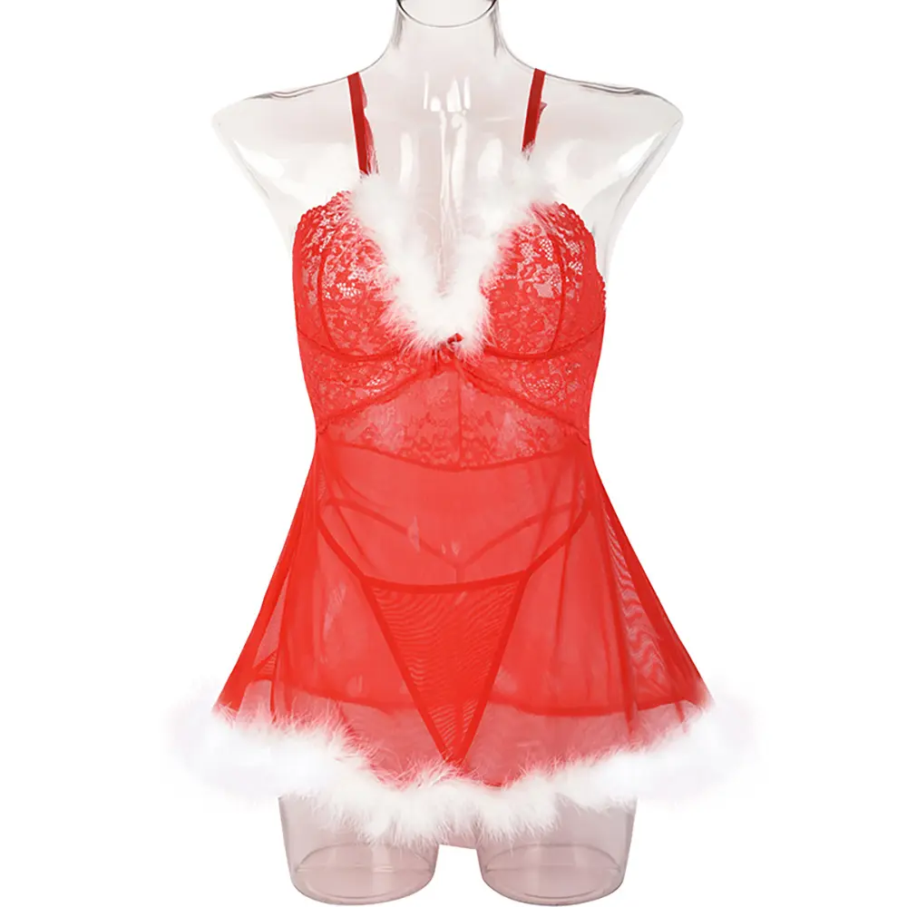 Vestido de dormir sexy de poliéster para niñas y mujeres, ropa de dormir de malla transparente transpirable con encaje profundo en V, estilo inglés para Navidad