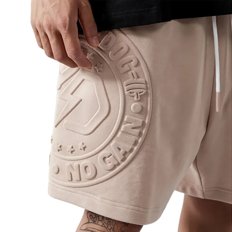 Shorts de logotipo personalizado 3d, logotipo em relevo masculino conjunto curto 100% algodão francês terry tech fleece shorts para homens