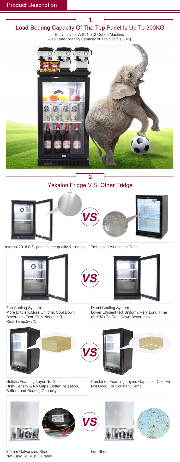 Hotel Commercial Bar Fridge Refrigeration Equipment 230L Glass Double Door Mini Bar Fridge