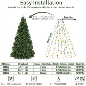Weihnachts dekoration Baum LED-Lichter mit Ring 8 Strings 200 LEDs 4.92FT Weihnachten dekorative Lichterkette auf Baum Licht warmweiß - Product Image 4