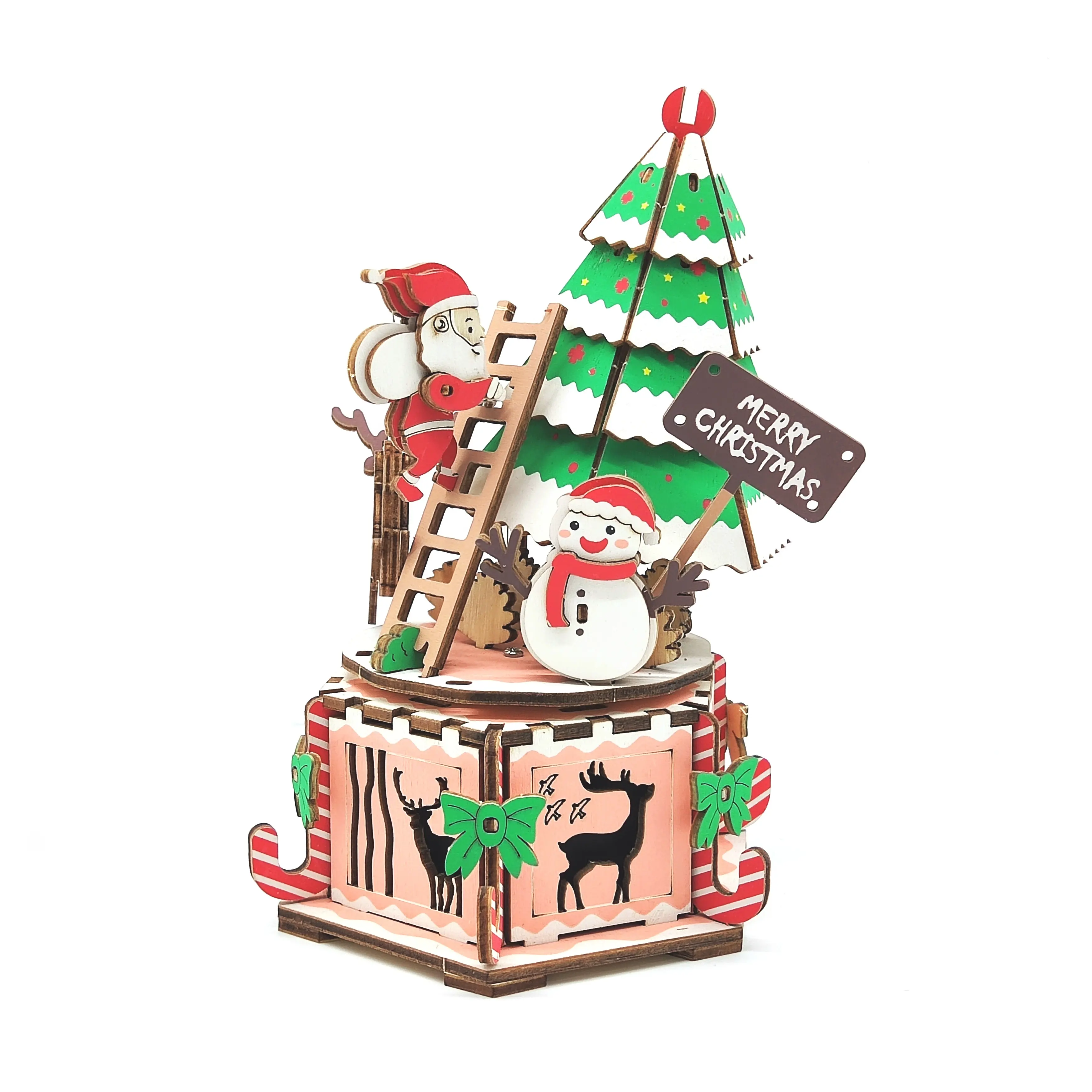 2023 nuovo natale personalizzato capodanno regalo di vendita caldo babbo natale pupazzo di neve decorazione alce Puzzle in legno 3D carillon natalizio