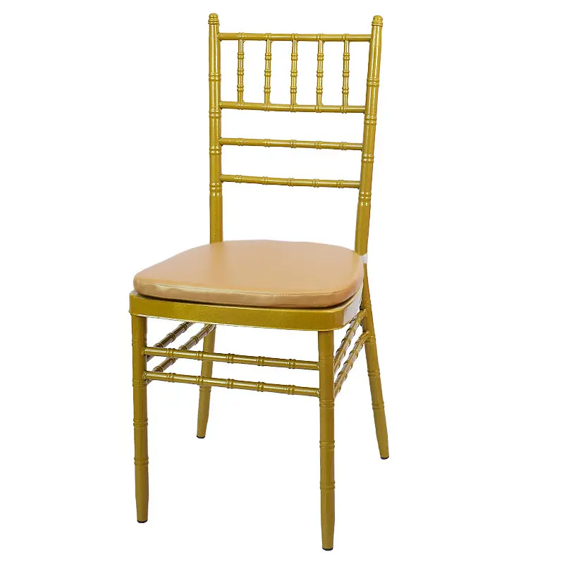 Cadeira empilhável Chiavari Napoleão com almofada para eventos, banquetes e casamentos, cadeira de metal dourada barata por atacado